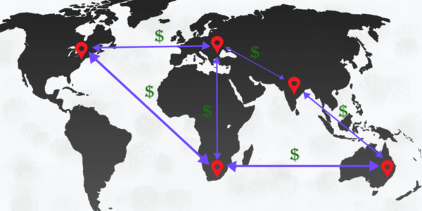 Карта на света показваща различни точки свързани с линия и летящи по между им долари представляващи таксите за пренос на информация.